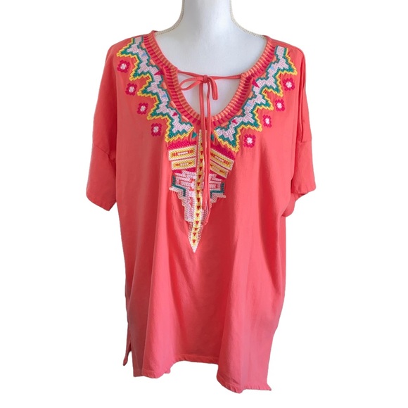 Woman Within| Short sleeve Vneck Tribal Blouse| Pink Short sleeve Top - Picture 6 of 6